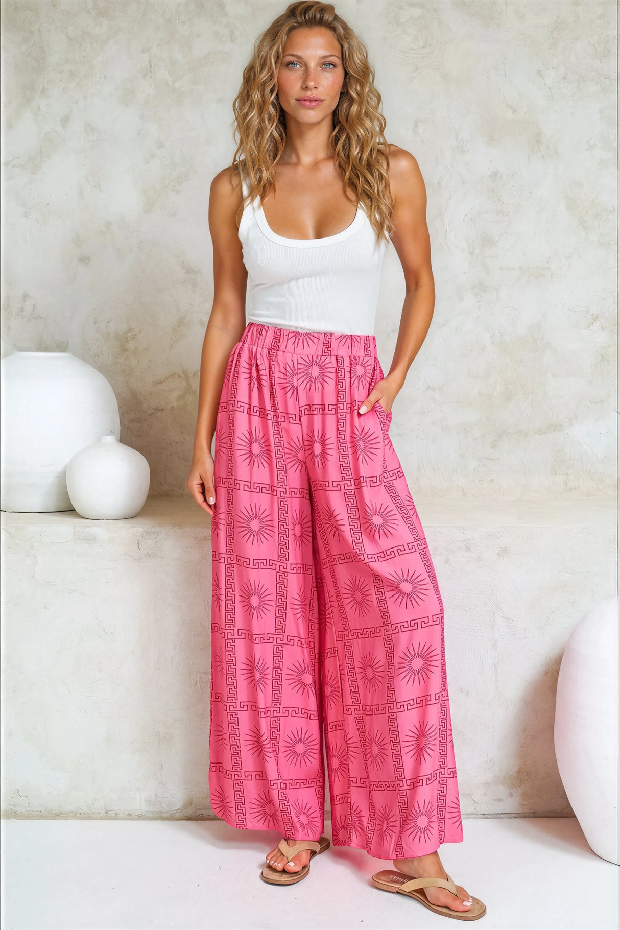 Channing Pants - High Waisted Wide-Leg Pants with Pockets in Astra Print Pink