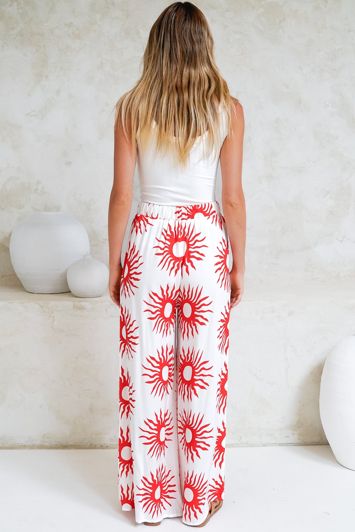 Channing Pants - High Waisted Wide-Leg Pants with Pockets in Solar Print Red