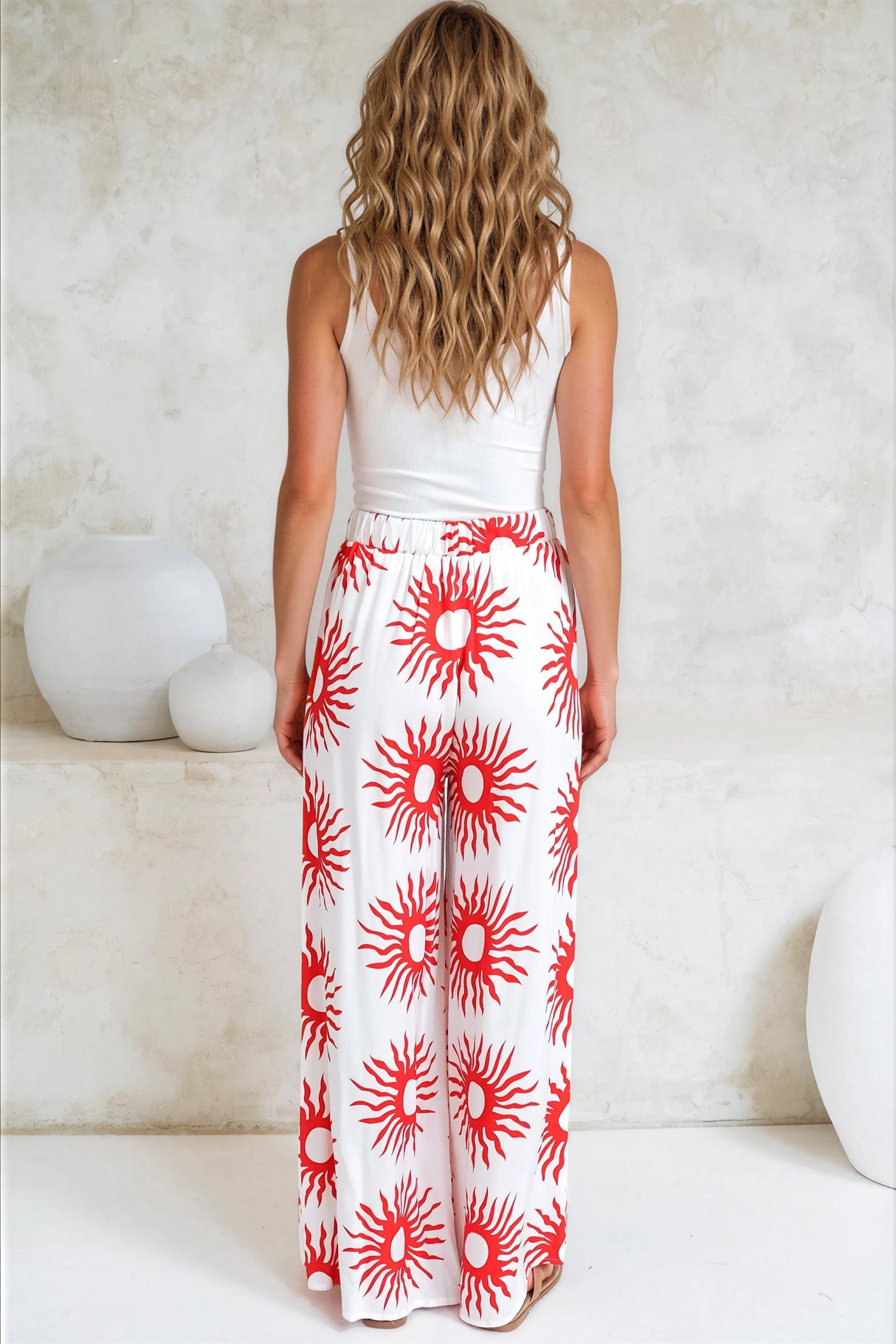 Channing Pants - High Waisted Wide-Leg Pants with Pockets in Solar Print Red