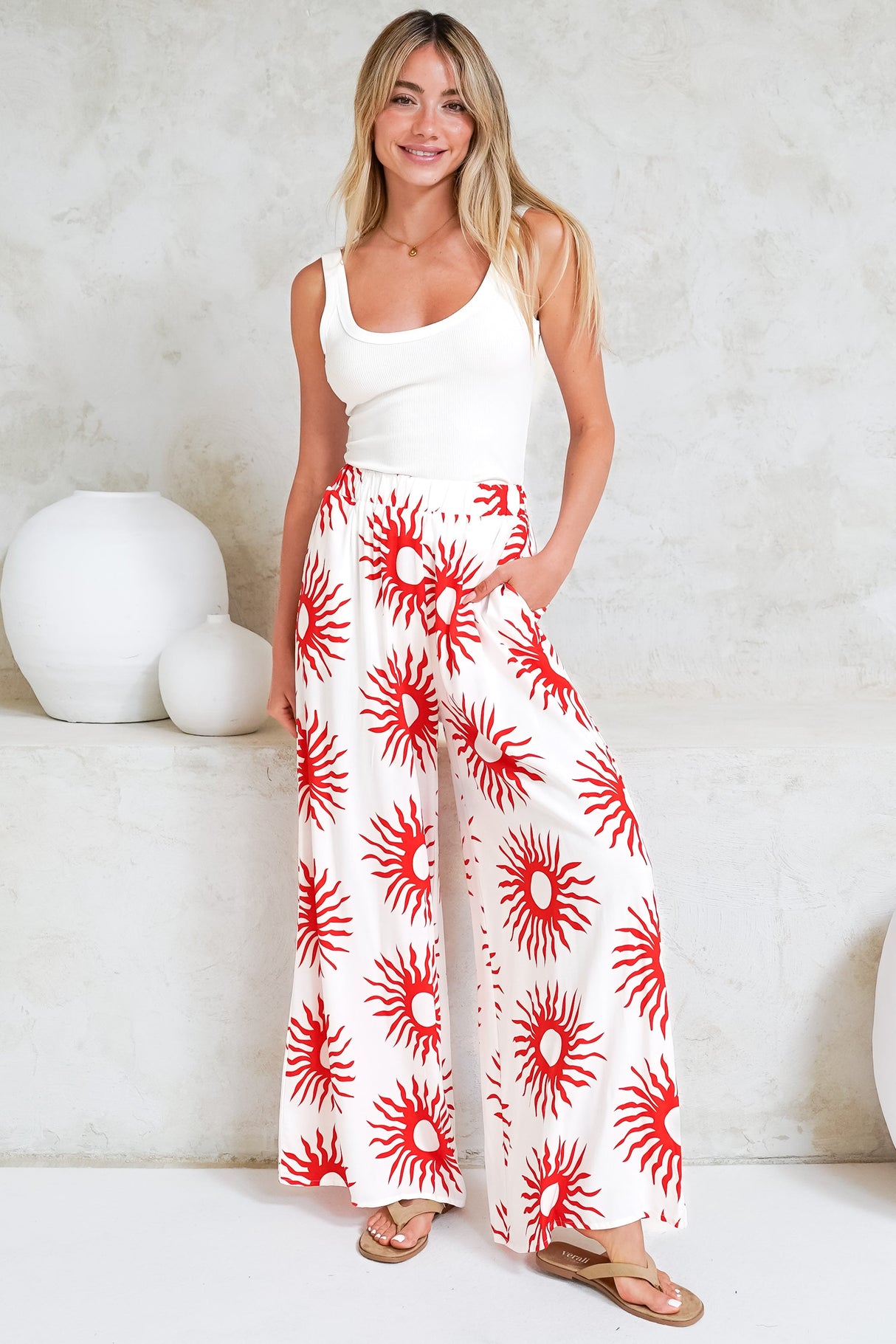 Channing Pants - High Waisted Wide-Leg Pants with Pockets in Solar Print Red