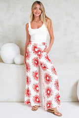 Channing Pants - High Waisted Wide-Leg Pants with Pockets in Solar Print Red