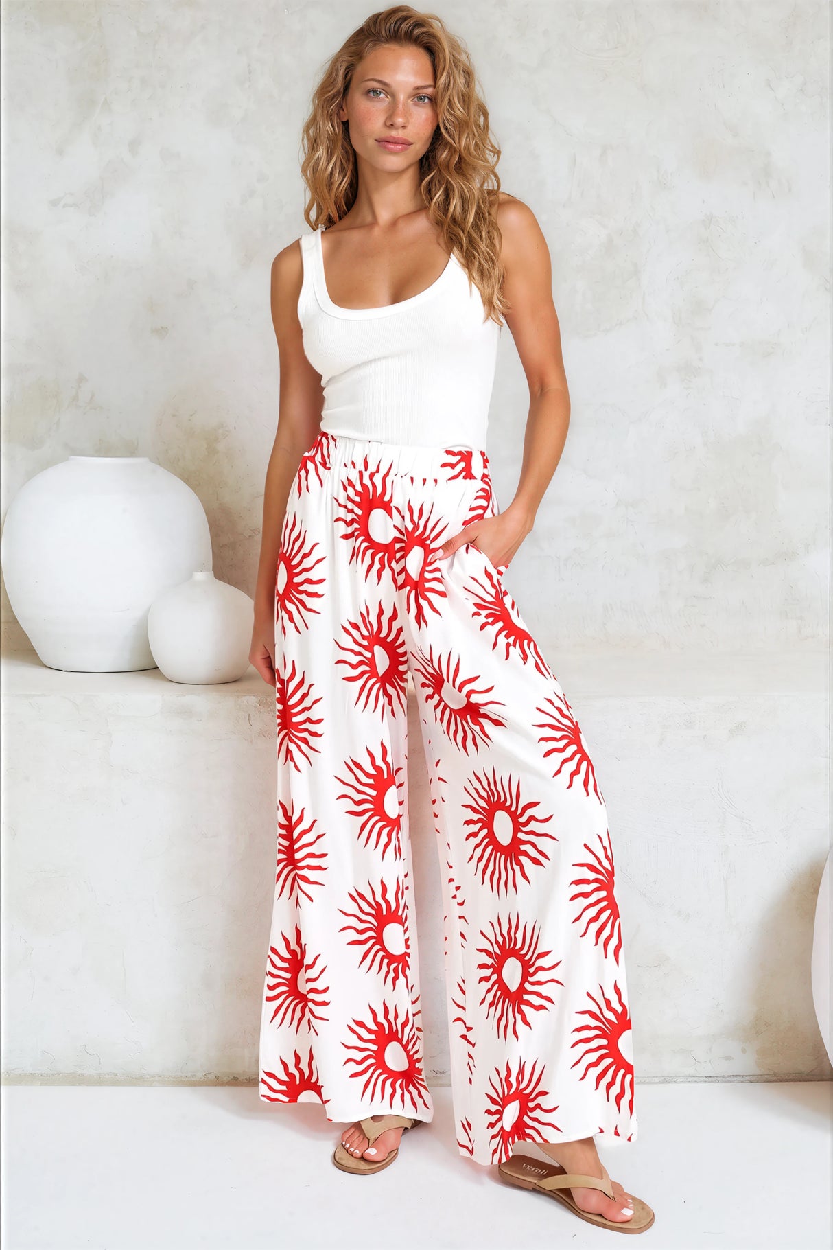 Channing Pants - High Waisted Wide-Leg Pants with Pockets in Solar Print Red