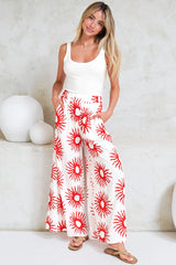 Channing Pants - High Waisted Wide-Leg Pants with Pockets in Solar Print Red