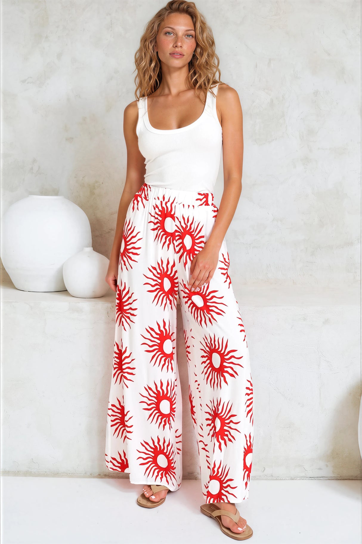 Channing Pants - High Waisted Wide-Leg Pants with Pockets in Solar Print Red