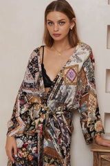 Charee Kimono - Wrap Kimono with Waist Tie in Elaine Print