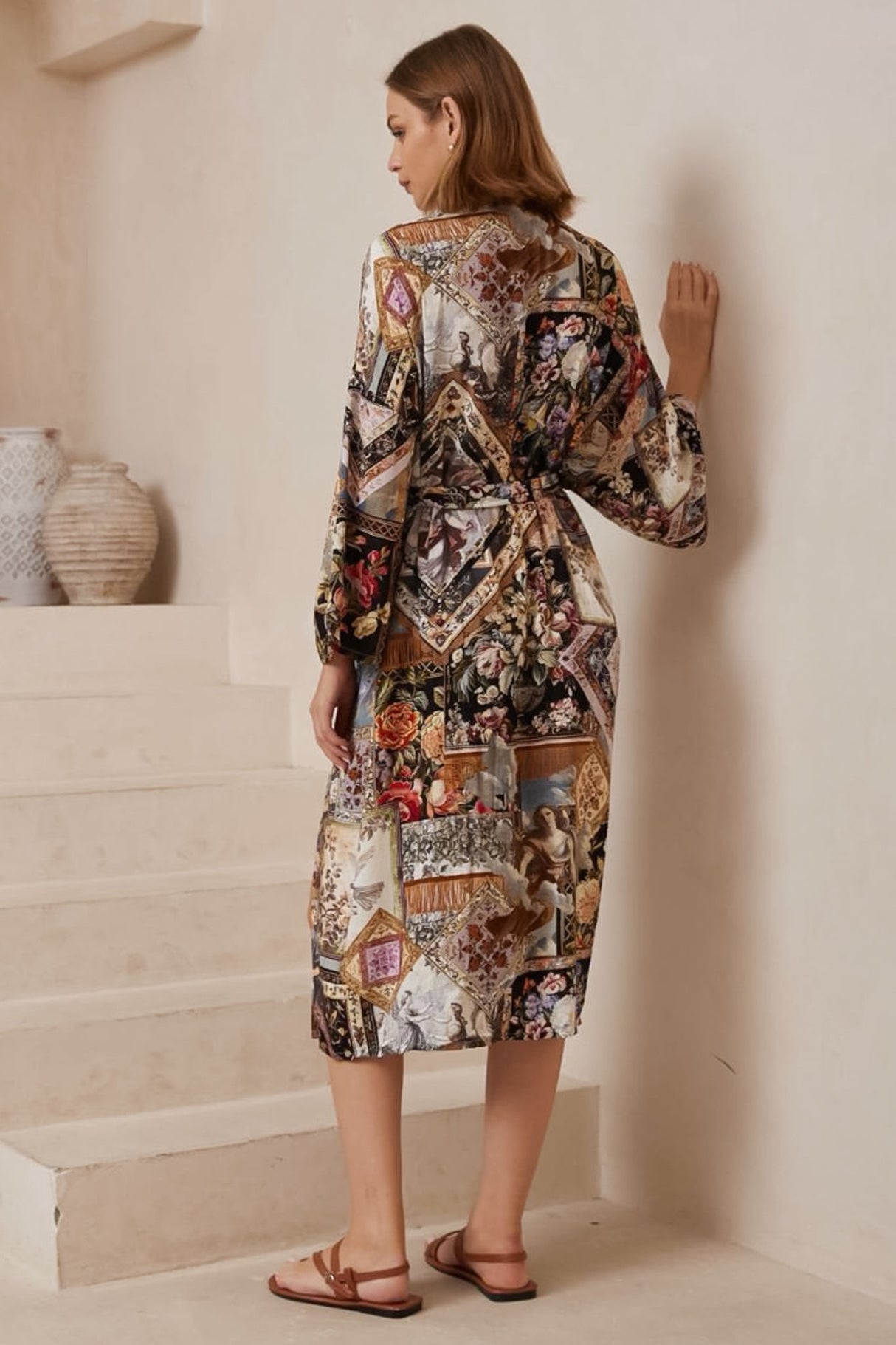 Charee Kimono - Wrap Kimono with Waist Tie in Elaine Print