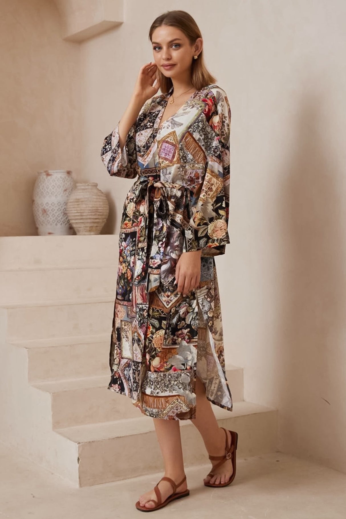 Charee Kimono - Wrap Kimono with Waist Tie in Elaine Print