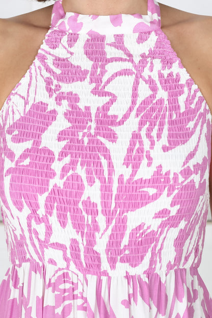 Charis Halter Maxi Dress - Elasticated Bodice Halter A Line Dress in Pink
