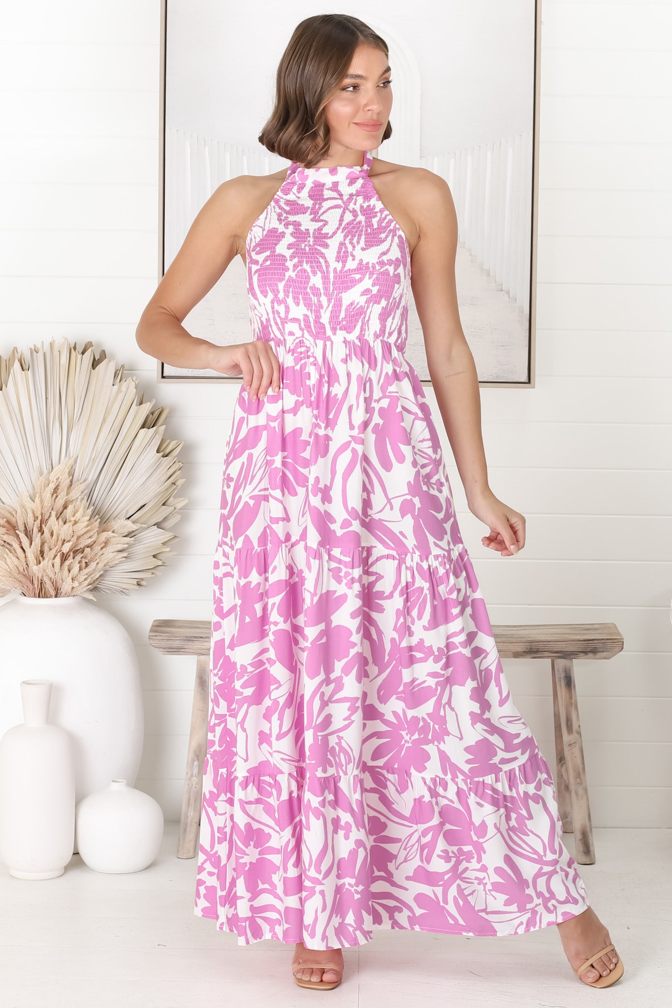 Charis Halter Maxi Dress - Elasticated Bodice Halter A Line Dress in Pink