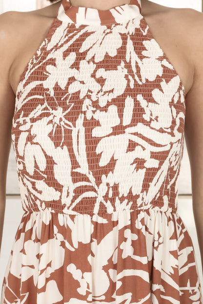 Charis Halter Maxi Dress - Elasticated Bodice Halter A Line Dress in Rust