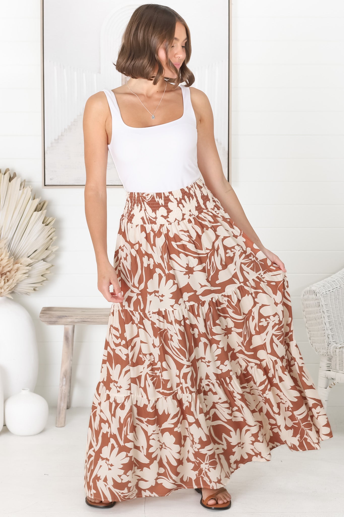 Charis Maxi Skirt/Midi Dress - Shirred Waistband Tiered Skirt or Dress in Rust