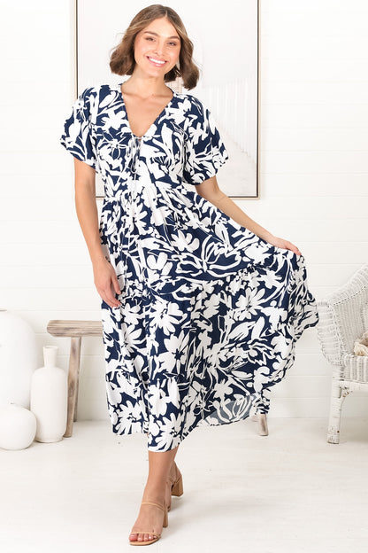Charis Midi Dress - Pull In V Neckline Dress With Cap Balloon Sleeves In Blue