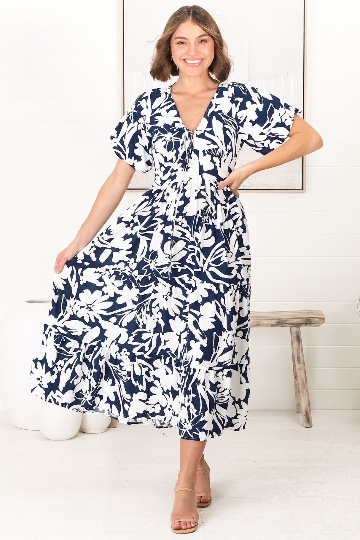 Charis Midi Dress - Pull In V Neckline Dress With Cap Balloon Sleeves In Blue