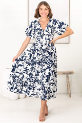 Charis Midi Dress - Pull In V Neckline Dress With Cap Balloon Sleeves In Blue