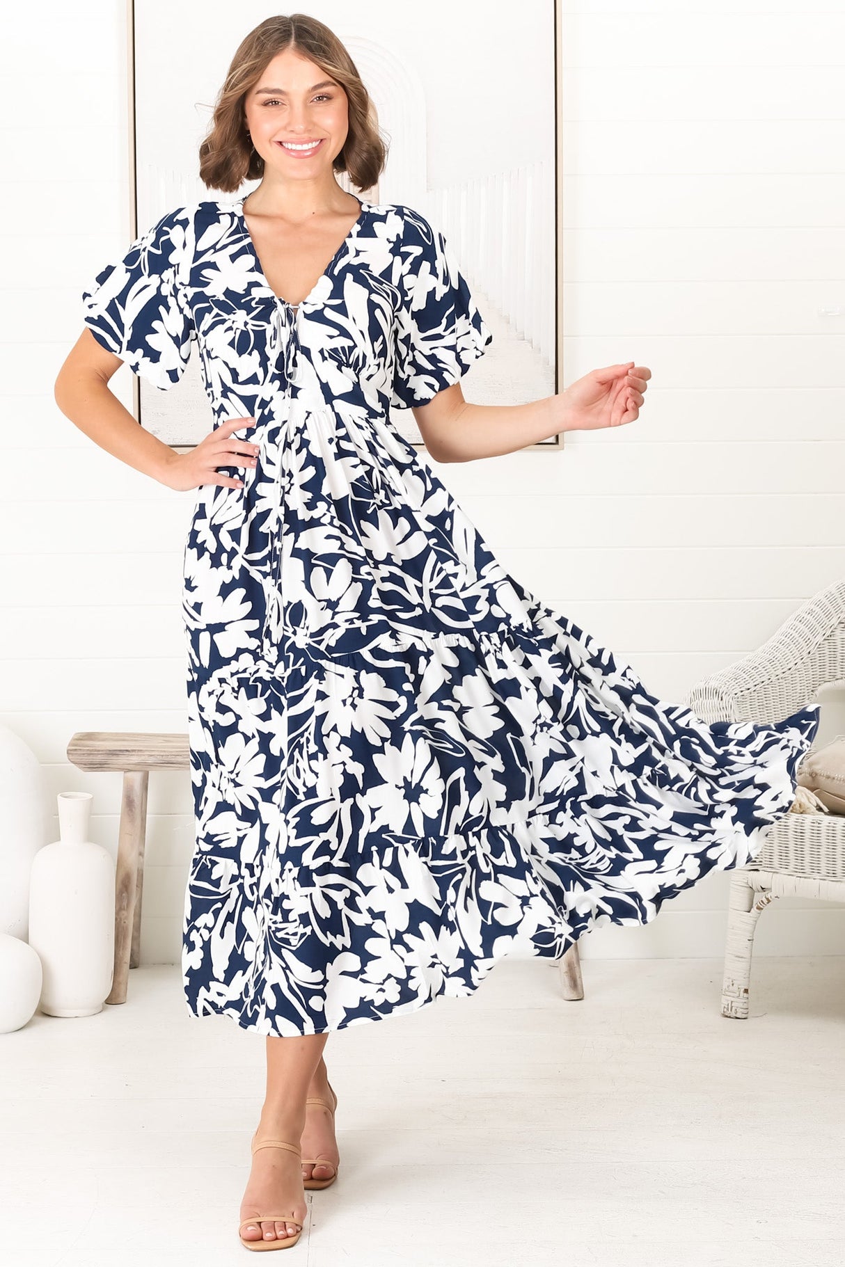 Charis Midi Dress - Pull In V Neckline Dress With Cap Balloon Sleeves In Blue