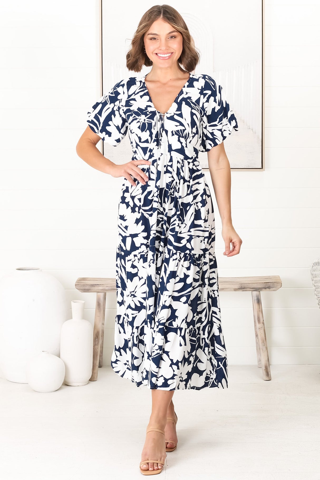 Charis Midi Dress - Pull In V Neckline Dress With Cap Balloon Sleeves In Blue