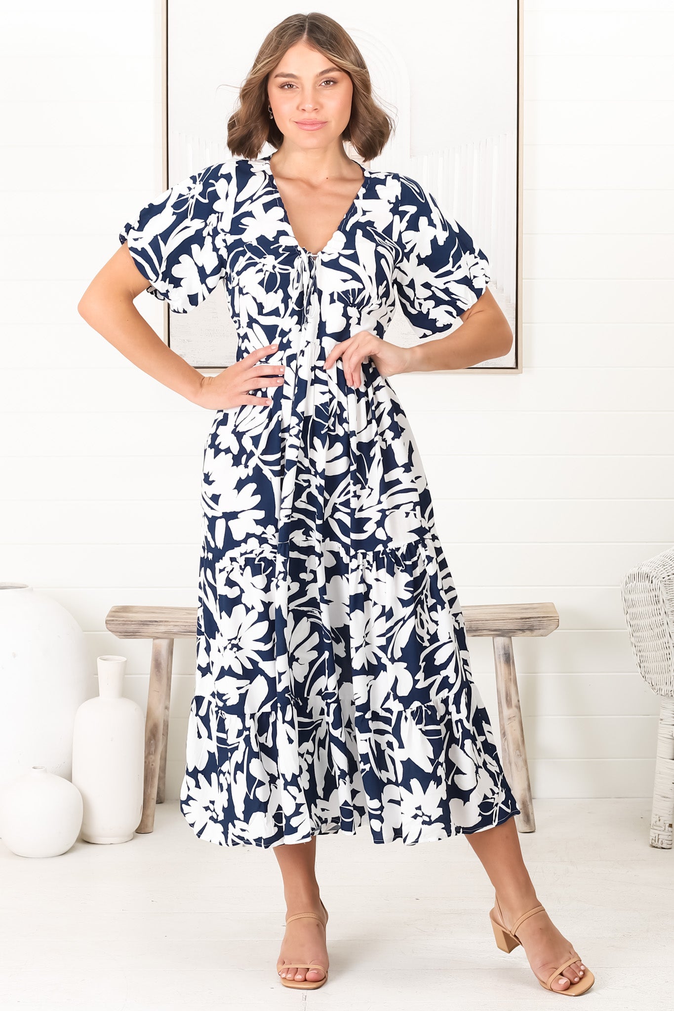 Charis Midi Dress - Pull In V Neckline Dress With Cap Balloon Sleeves In Blue