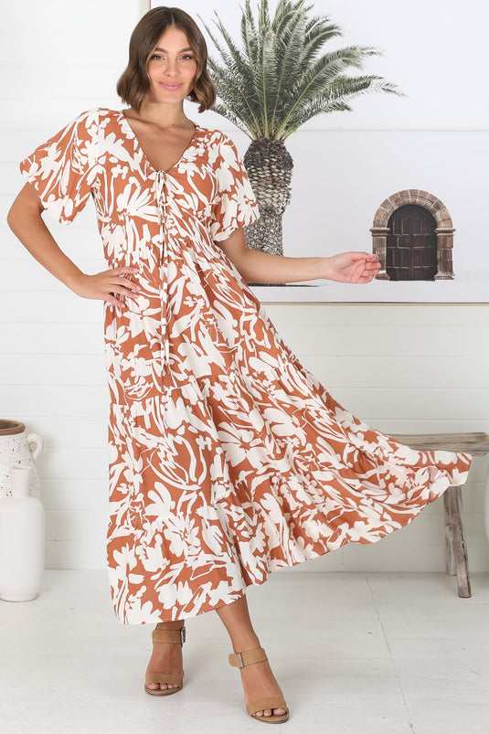 Charis Midi Dress - Pull In V Neckline Dress With Cap Balloon Sleeves In Rust