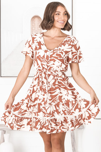Charis Mini Dress - Pull Tie Waist A Line Dress with Crochet Splicing in Rust