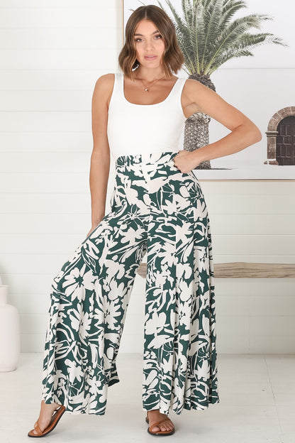 Charis Pants - Flat Waist Panel with Elasticated Back Wide Leg Pants in Emerald