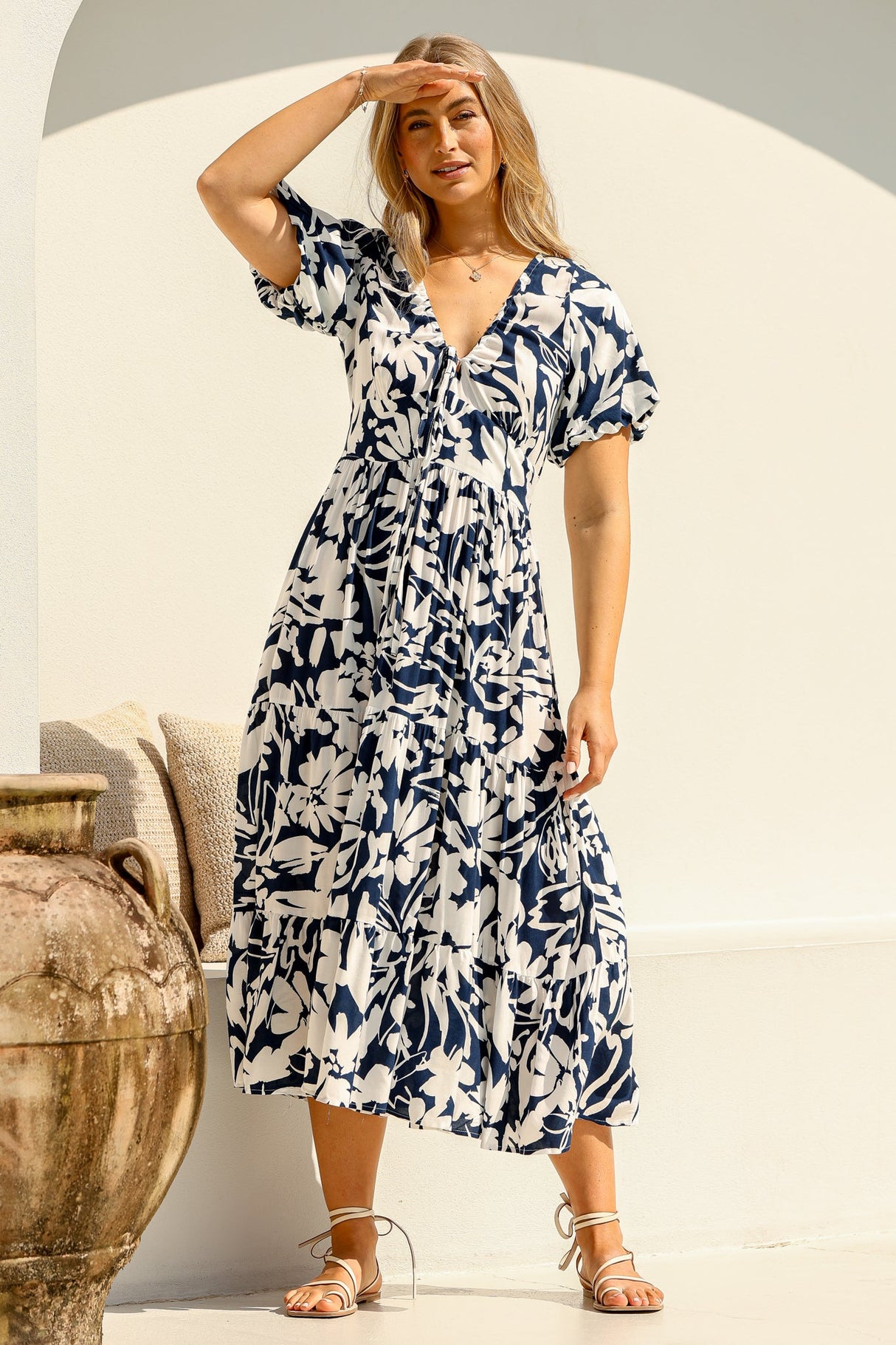 Charis Midi Dress - Pull In V Neckline Dress With Cap Balloon Sleeves In Blue