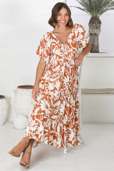 Charis Midi Dress - Pull In V Neckline Dress With Cap Balloon Sleeves