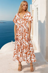 Charis Midi Dress - Pull In V Neckline Dress With Cap Balloon Sleeves