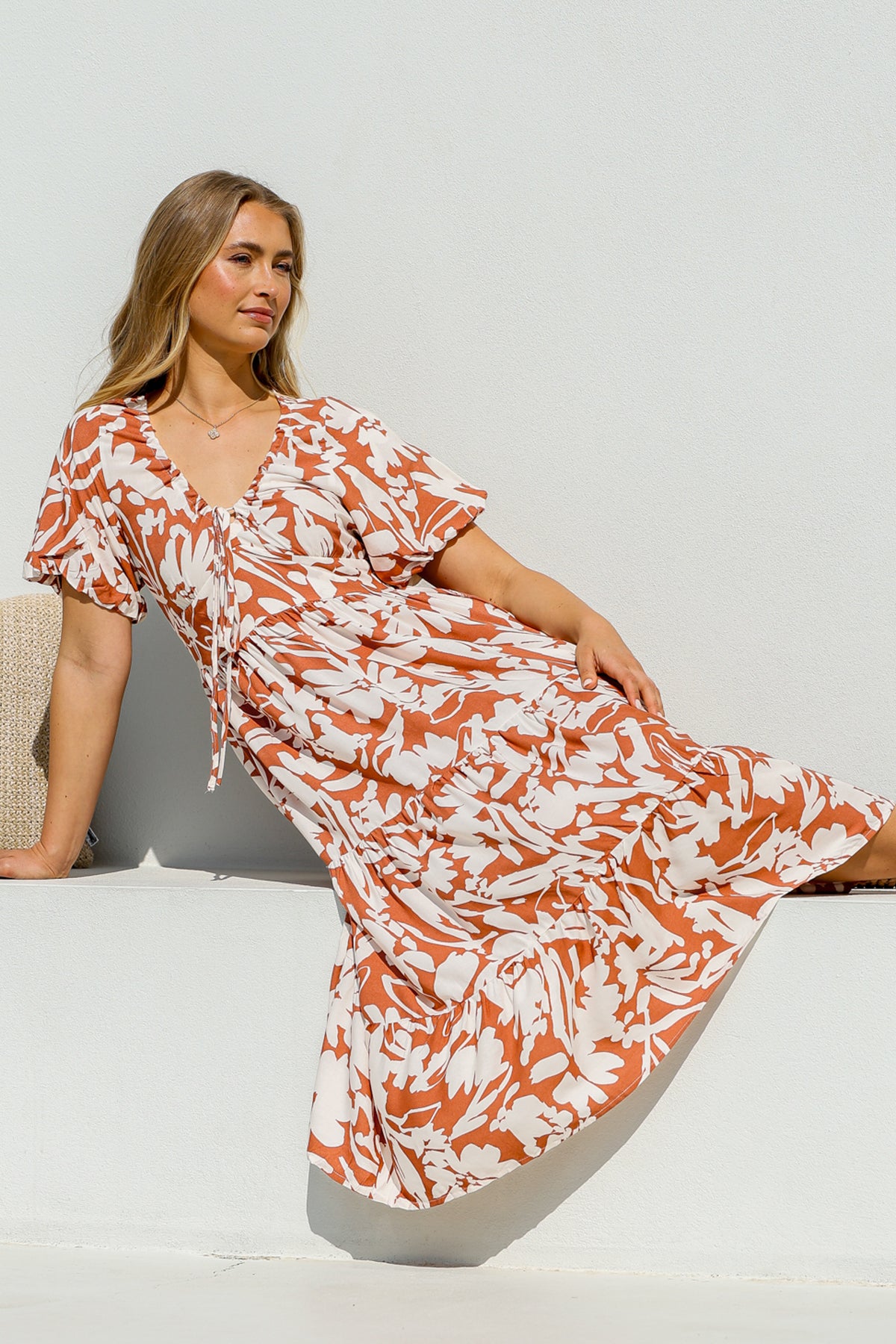 Charis Midi Dress - Pull In V Neckline Dress With Cap Balloon Sleeves