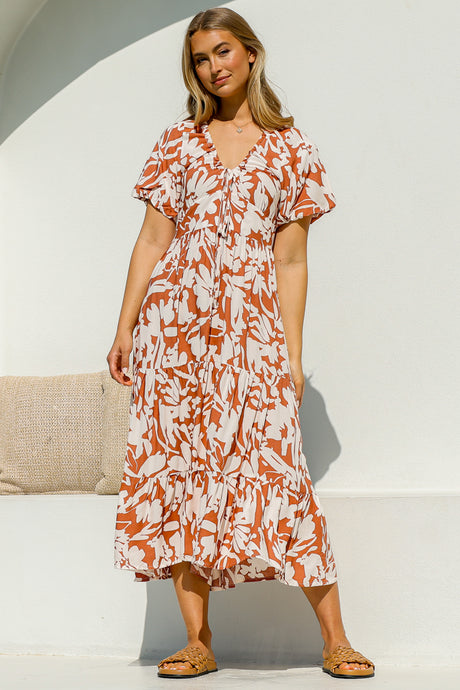 Charis Midi Dress - Pull In V Neckline Dress With Cap Balloon Sleeves