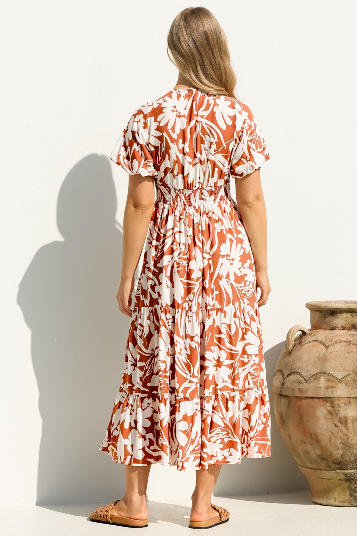 Charis Midi Dress - Pull In V Neckline Dress With Cap Balloon Sleeves