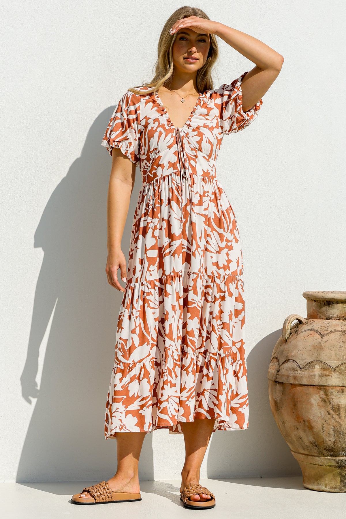 Charis Midi Dress - Pull In V Neckline Dress With Cap Balloon Sleeves