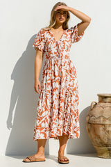 Charis Midi Dress - Pull In V Neckline Dress With Cap Balloon Sleeves