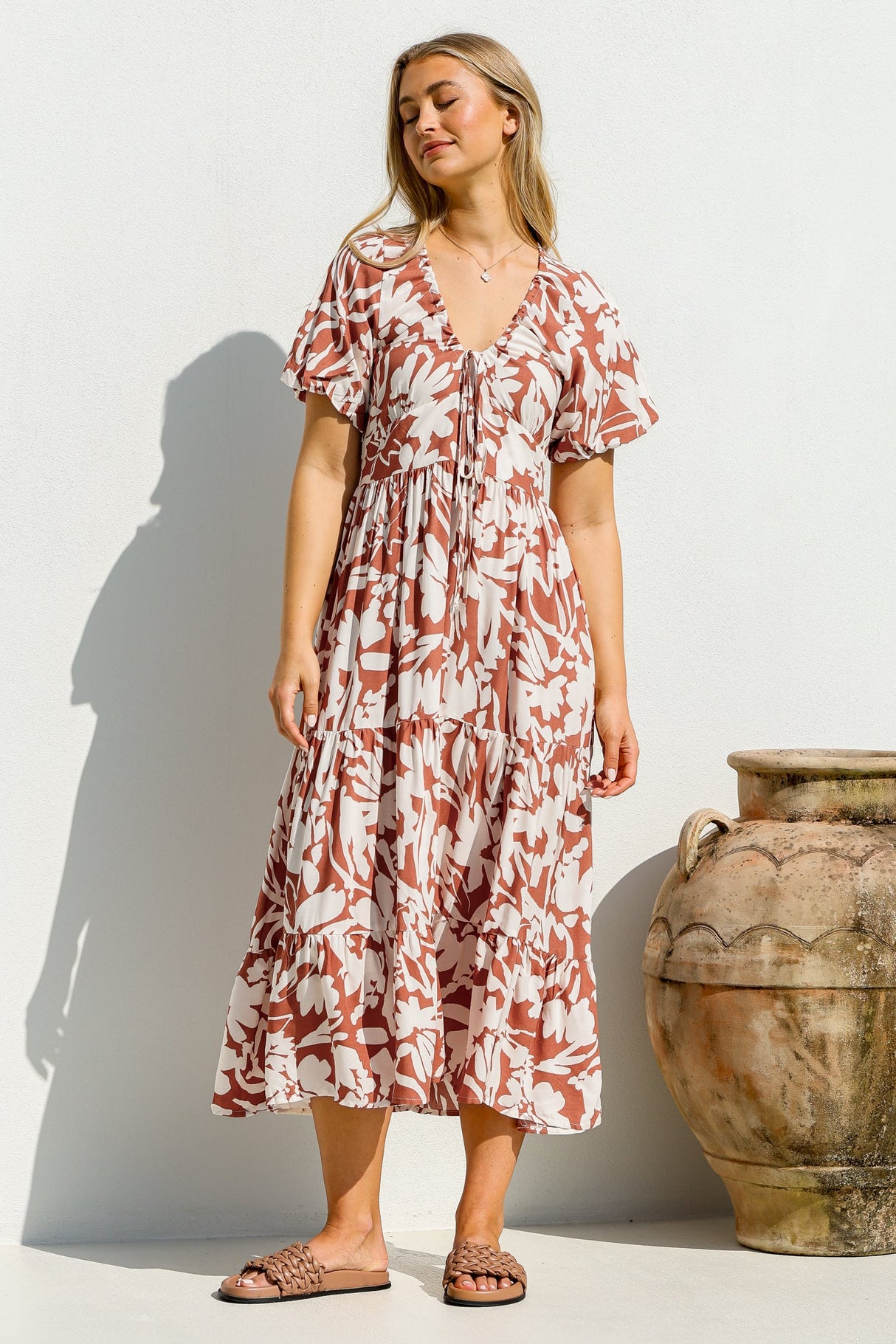 Charis Midi Dress - Pull In V Neckline Dress With Cap Balloon Sleeves In Rust