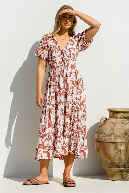 Charis Midi Dress - Pull In V Neckline Dress With Cap Balloon Sleeves In Rust