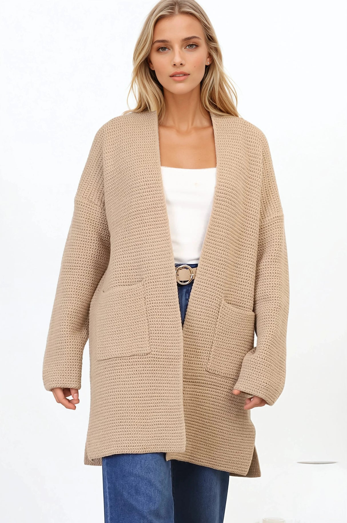 Charles Cardigan - Open Front Knit Cardigan with Pockets in Camel