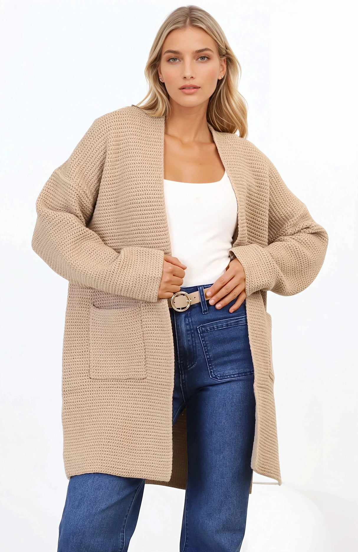 Charles Cardigan - Open Front Knit Cardigan with Pockets in Camel