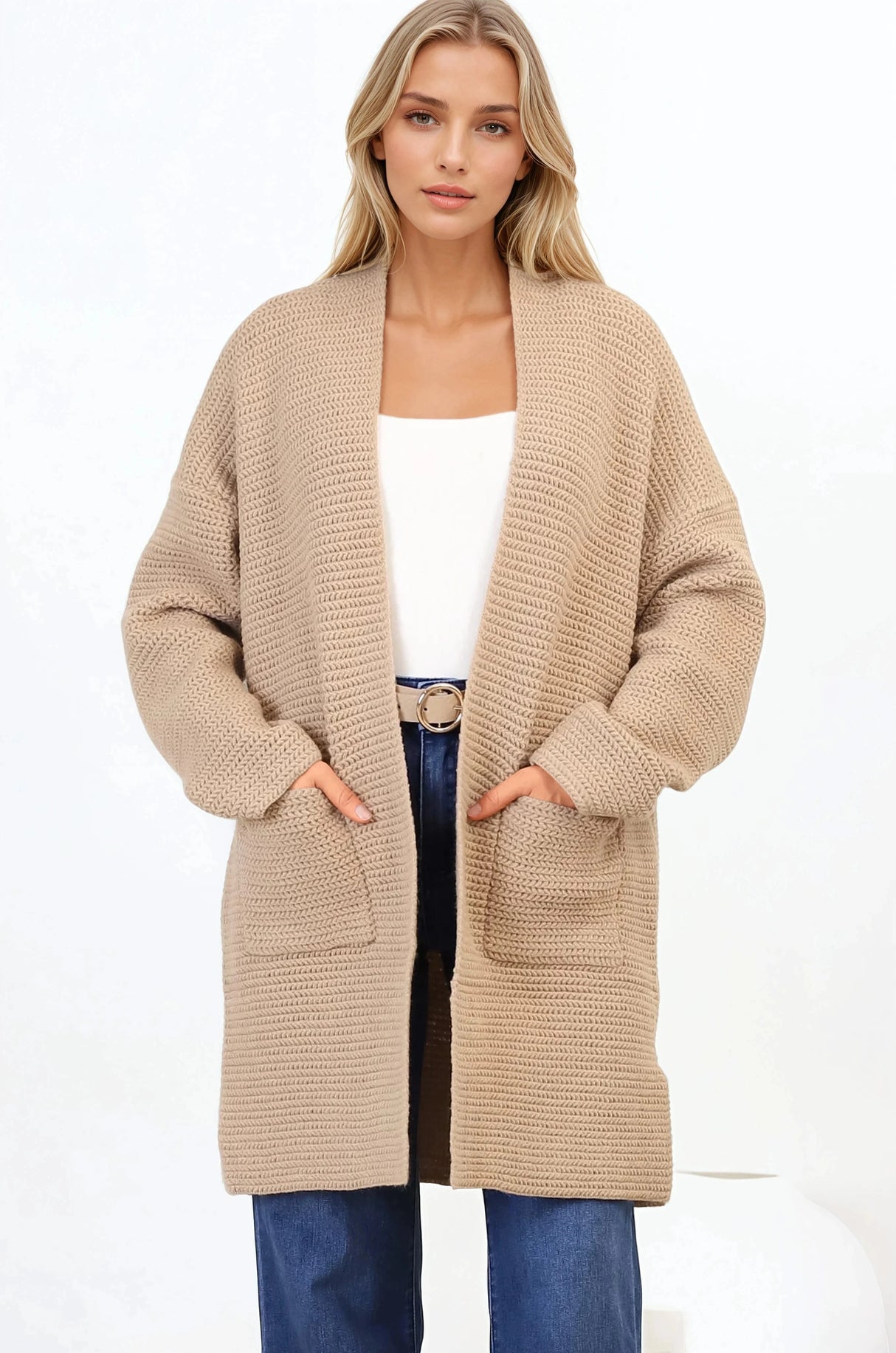 Charles Cardigan - Open Front Knit Cardigan with Pockets in Camel