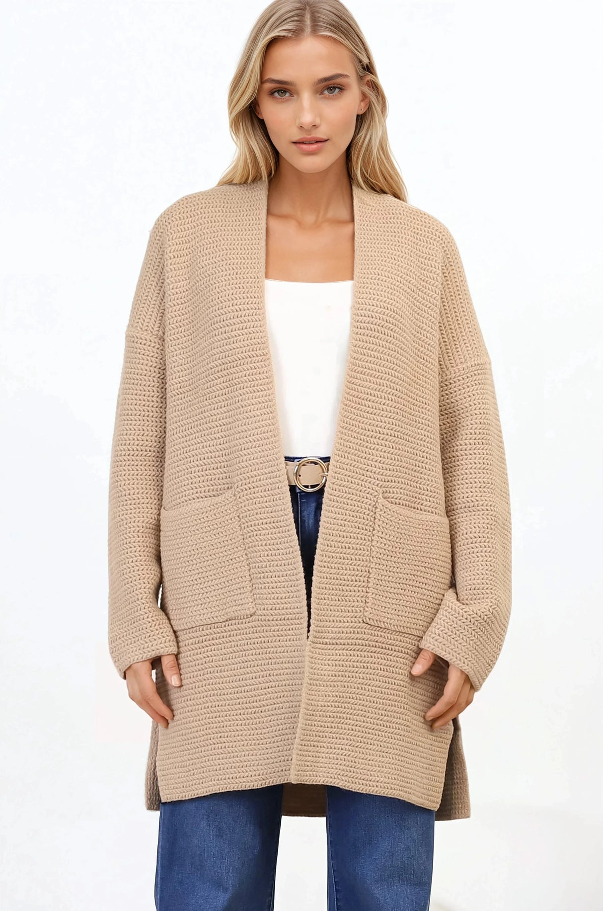 Charles Cardigan - Open Front Knit Cardigan with Pockets in Camel