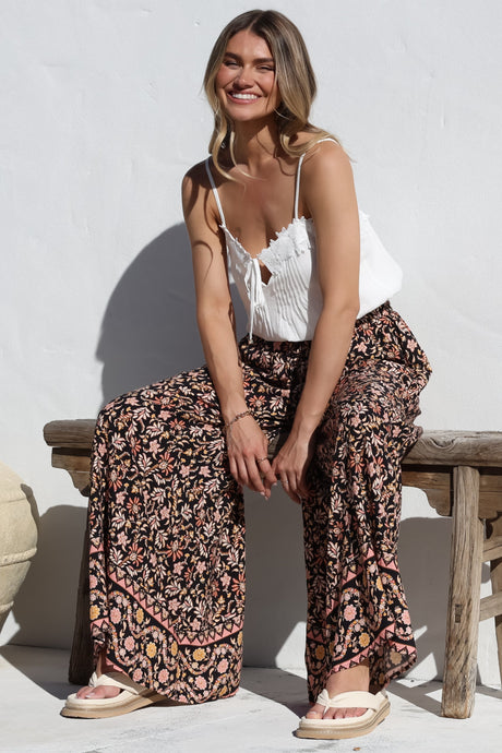 Charli Pants -  Paper Bag High Waisted Wide Leg Pants in Amirah Print