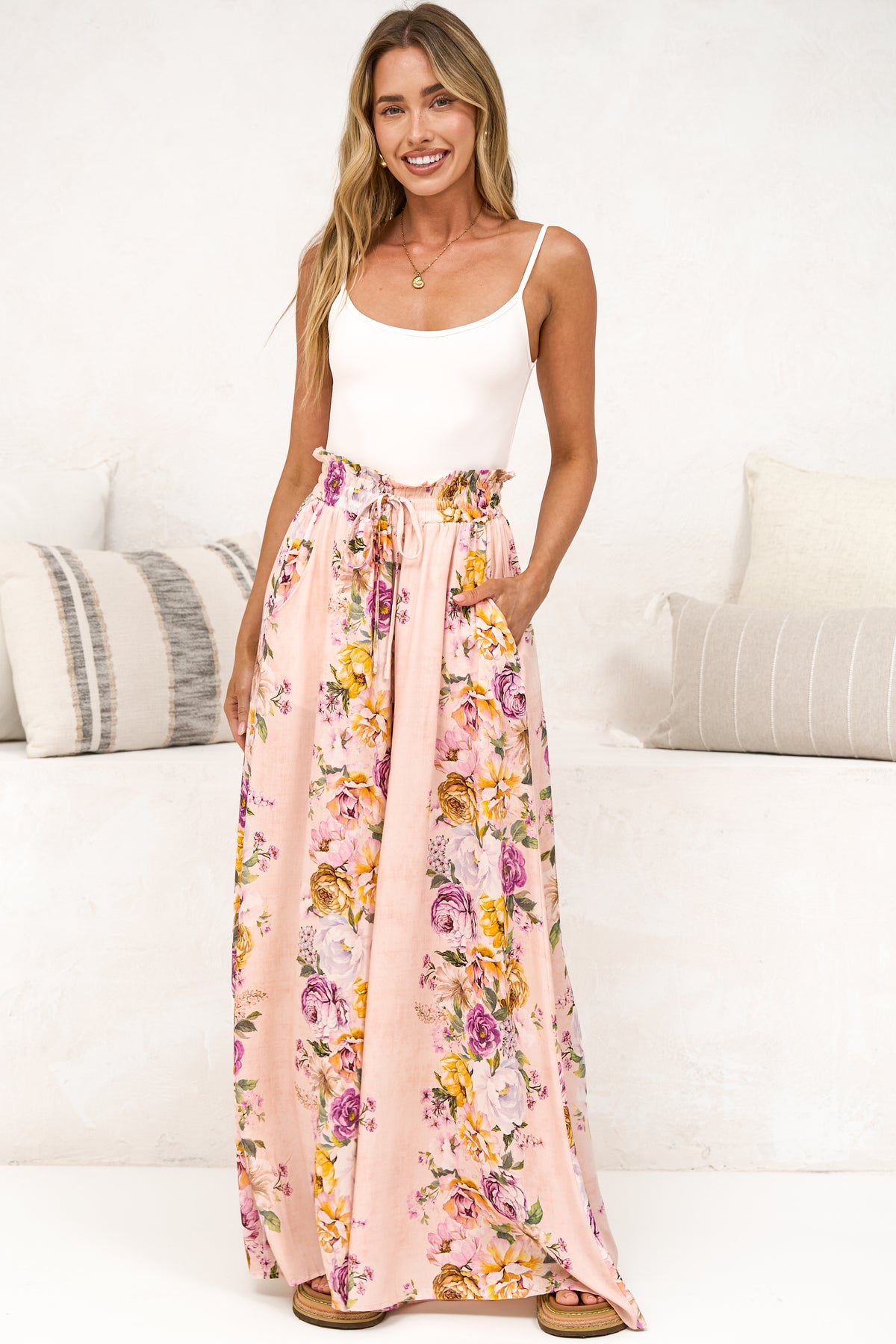 Charli Pants - Paper Bag High Waisted Wide Leg Pants in Armeria Print