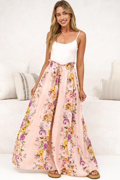 Charli Pants - Paper Bag High Waisted Wide Leg Pants in Armeria Print