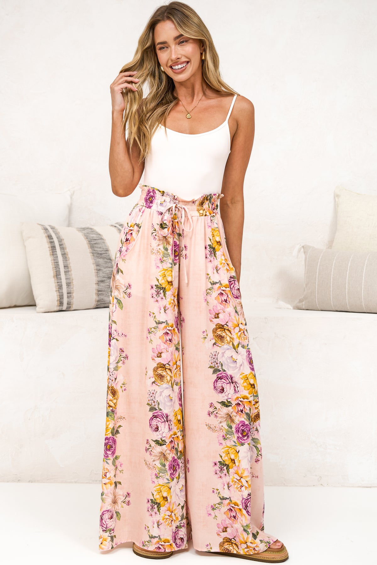 Charli Pants - Paper Bag High Waisted Wide Leg Pants in Armeria Print