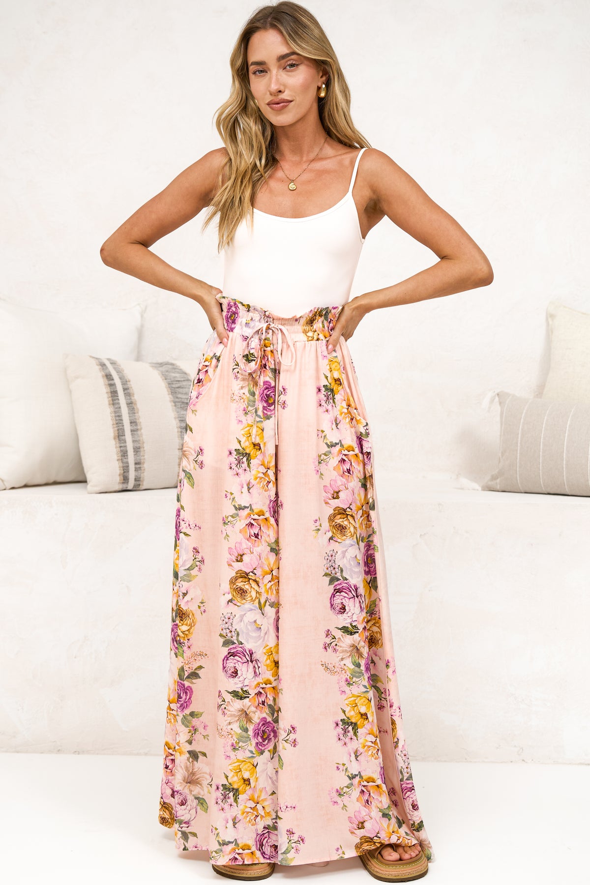 Charli Pants - Paper Bag High Waisted Wide Leg Pants in Armeria Print