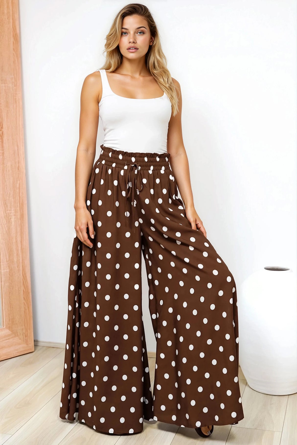 Charli Pants -  Paper Bag High Waisted Wide Leg Pants in Ashti Spot Print Brown