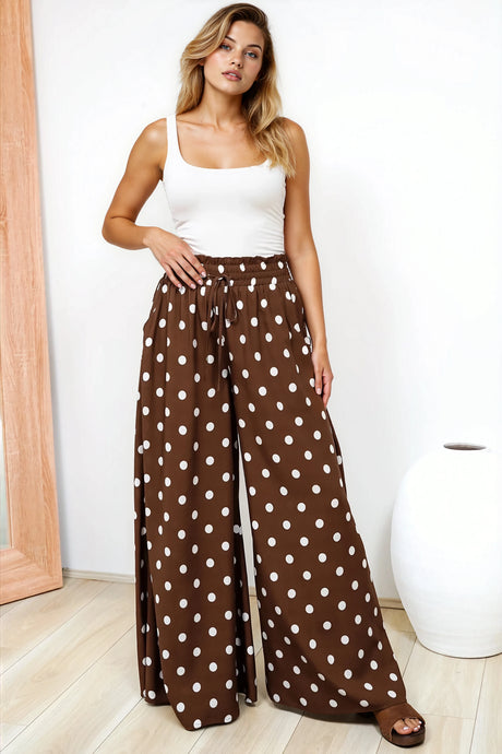 Charli Pants -  Paper Bag High Waisted Wide Leg Pants in Ashti Spot Print Brown
