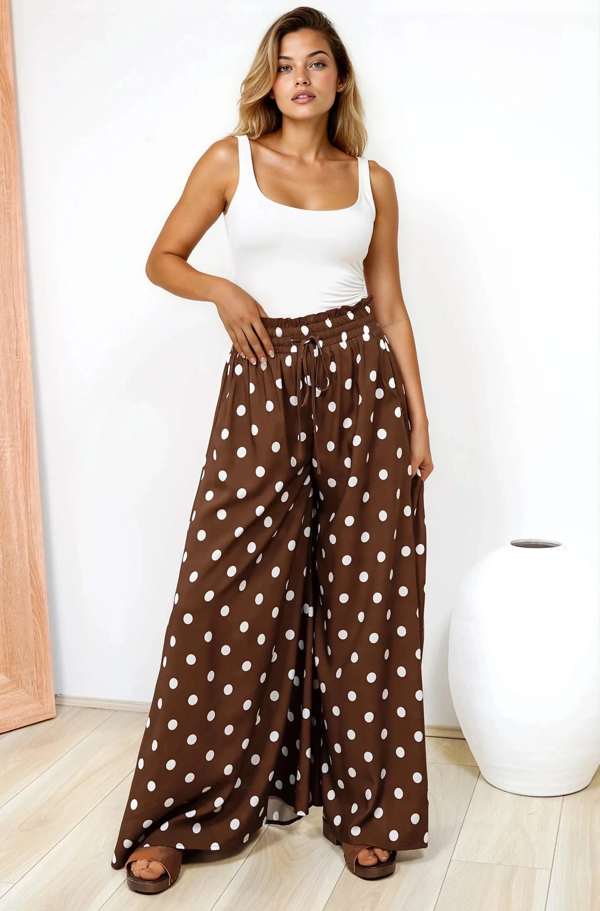 Charli Pants -  Paper Bag High Waisted Wide Leg Pants in Ashti Spot Print Brown