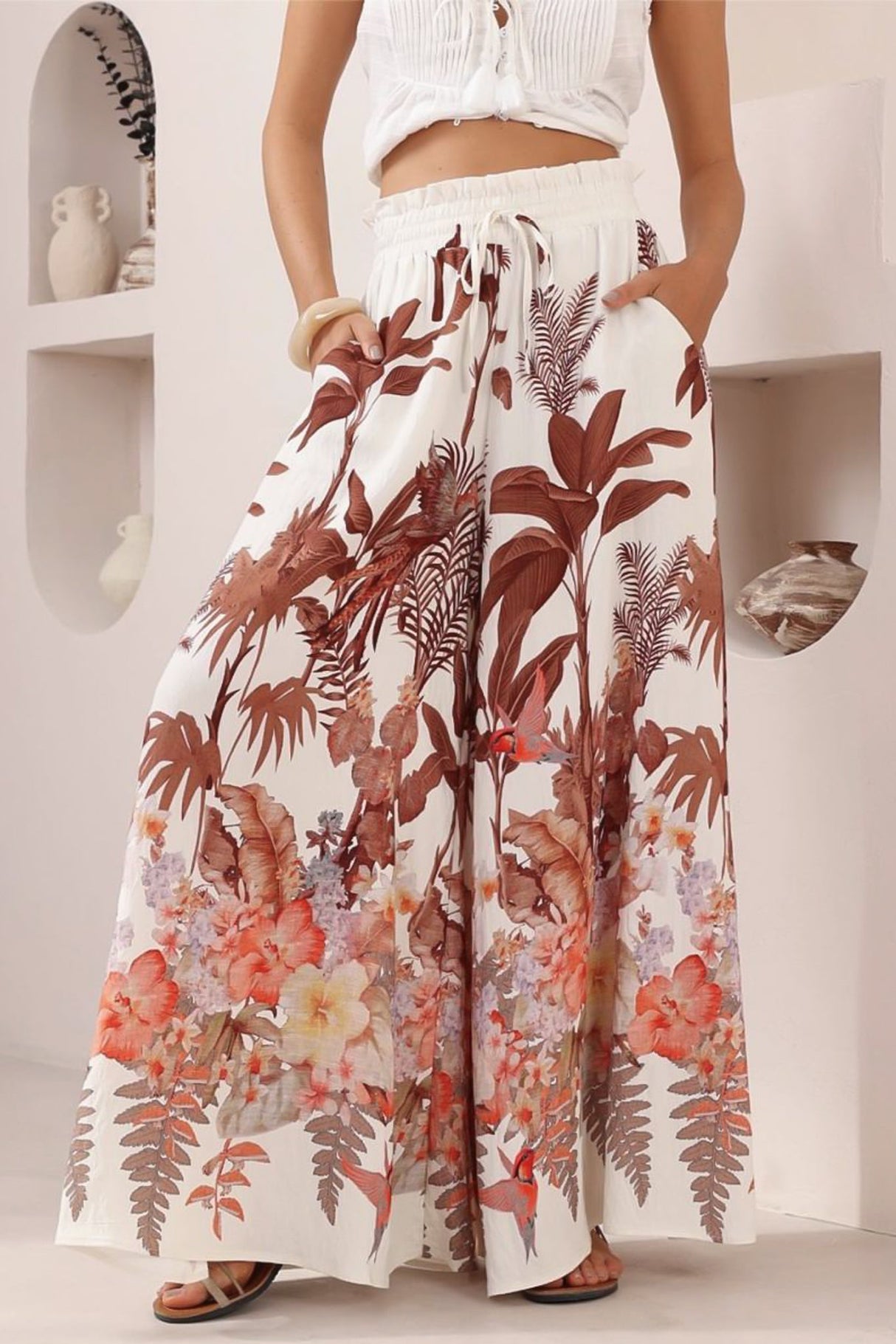 Charli Pants - Paper Bag High Waisted Wide Leg Pants in Azriel Print