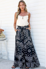 Charli Pants - Paper Bag High Waisted Wide Leg Pants in Barley Print Black