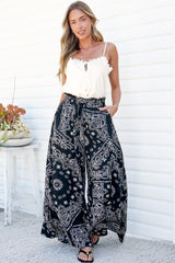 Charli Pants - Paper Bag High Waisted Wide Leg Pants in Barley Print Black