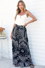 Charli Pants - Paper Bag High Waisted Wide Leg Pants in Barley Print Black